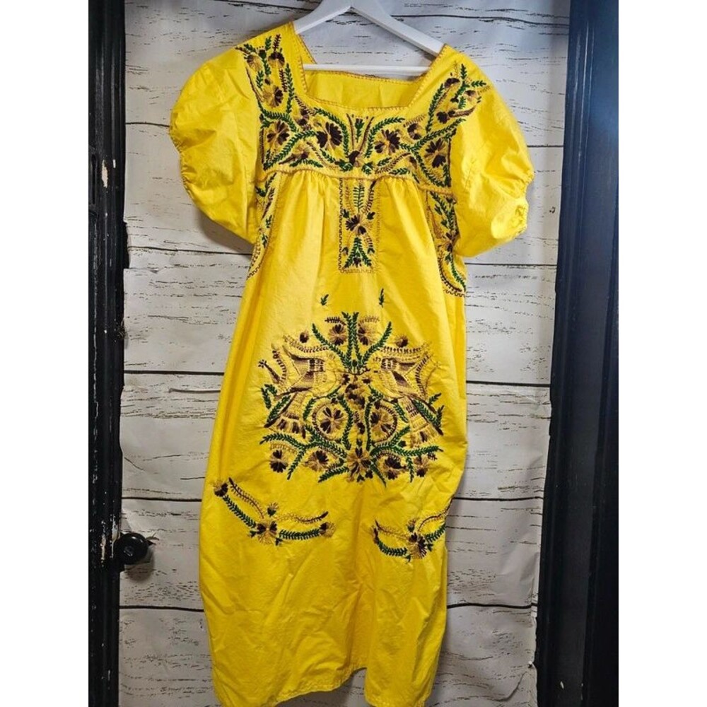 Yellow Mexican Hand Embroidered Folk Dress XL